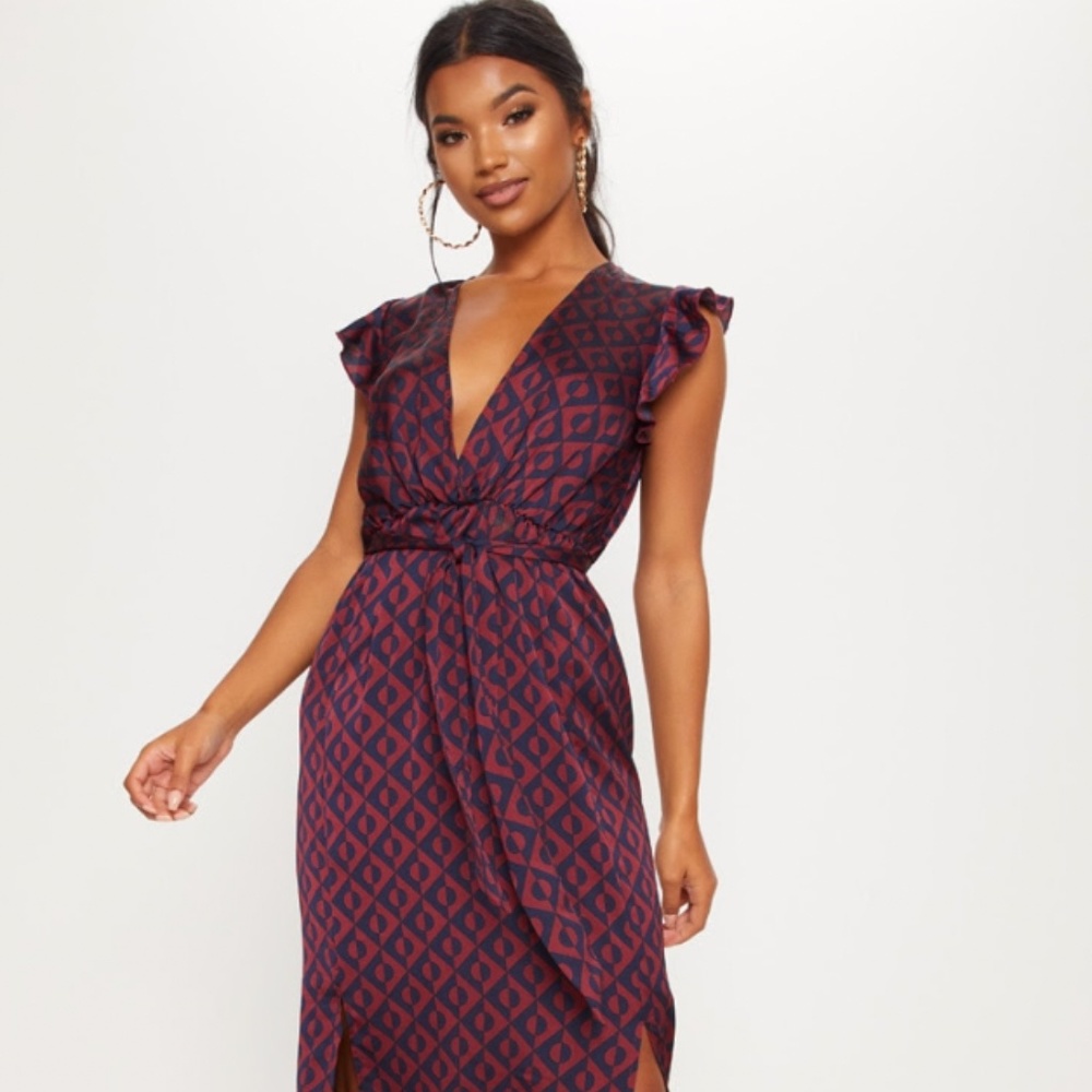 Navy Geo Print Satin Frill Shoulder Split Midi Dress